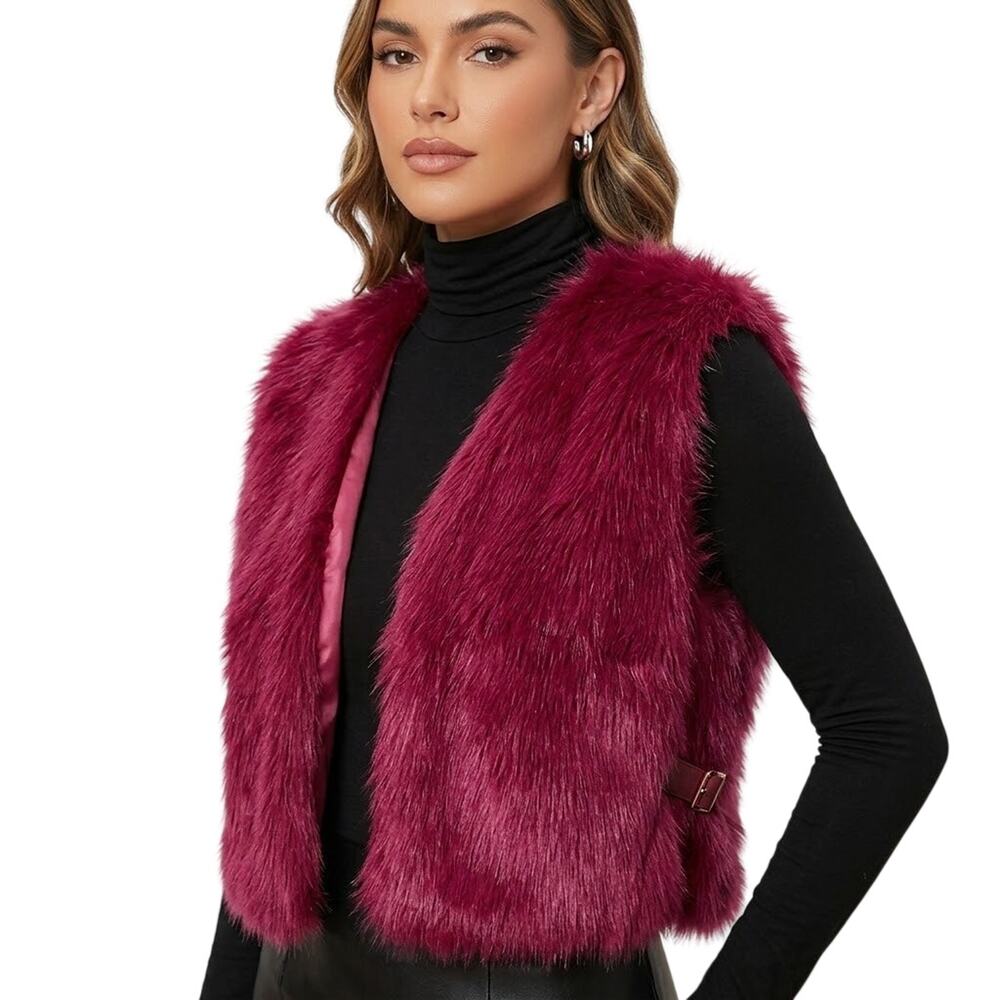 SHEIN Faux Fur Cropped Vest in Magenta Pink Size Small